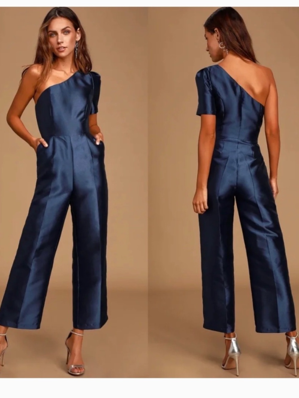 NWOT Lulus Divine Dream Navy Blue Satin One-Shoulder Culotte Jumpsuit M